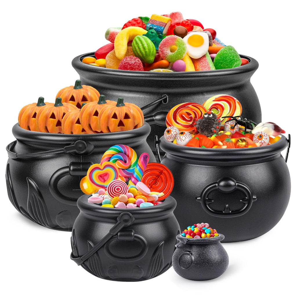 REVICOAR 5 Pcs (12.8",9.8”, 7.6”, 5.7”, 2.7”) Large Halloween Cauldron, Black Plastic Witch Cauldron Bowl, Cauldrons Pot Candy Bucket for Halloween & St. Patrick’s Day Party Favors Decor