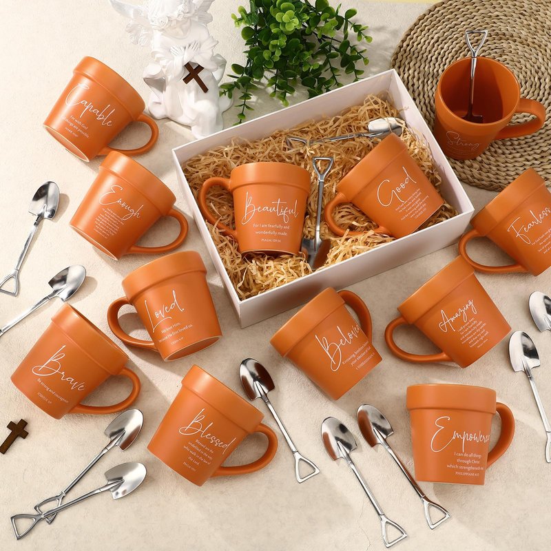 Reallnaive 12 Pcs Mother's Day Christian Gifts for Women 11oz Flowerpot Bible Verse Coffee Mugs with Shovel Spoons Bulk Religious Gifts for Mom Grandma Church Pastor Sunday School Teacher Team(Pray)