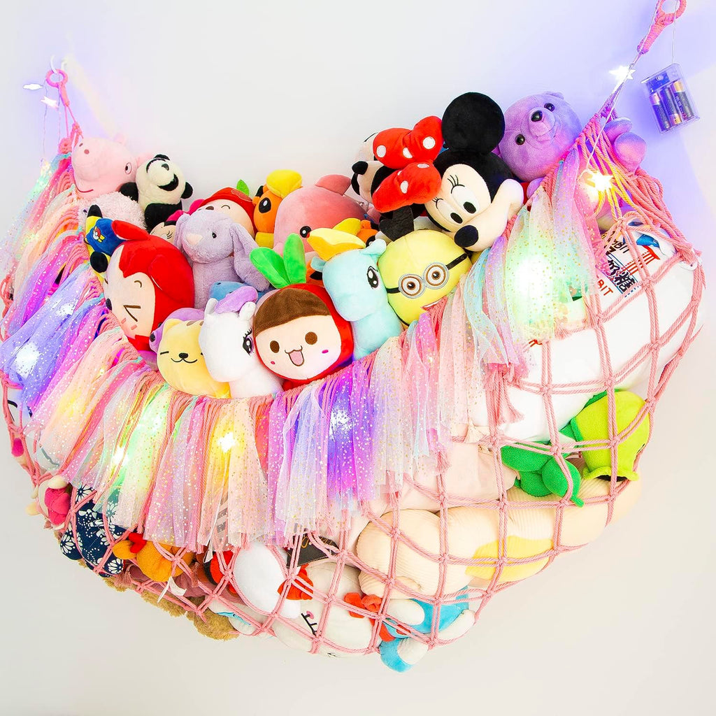 Jumbo Toy Hammock for Stuffed Animal Net Boho Macrame Toy Hammock with Led Light Stuffed Animal Storage Ideas Plush Toy Display Squishmallow Holder Net-Pink
