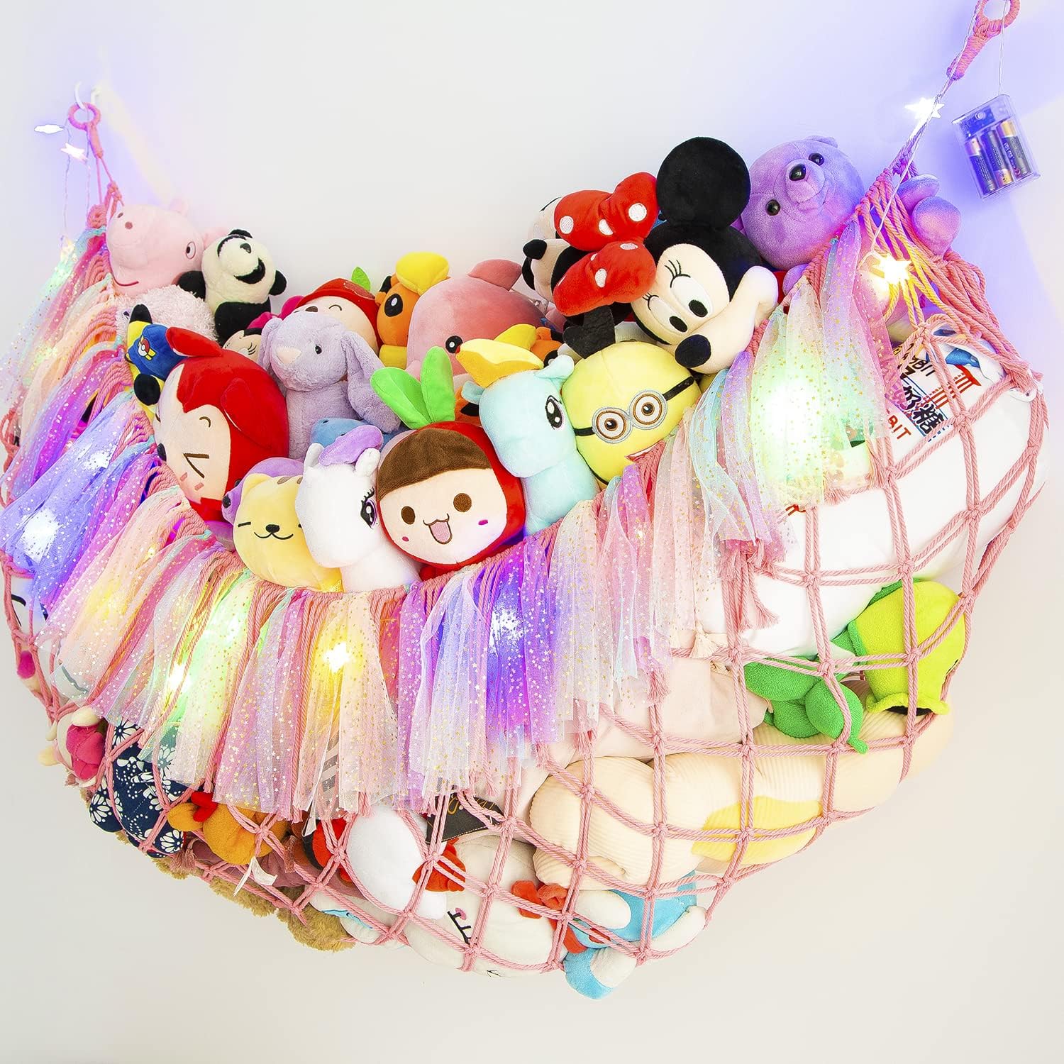 Jumbo Toy Hammock for Stuffed Animal Net Boho Macrame Toy Hammock with Led Light Stuffed Animal Storage Ideas Plush Toy Display Squishmallow Holder Net-Pink