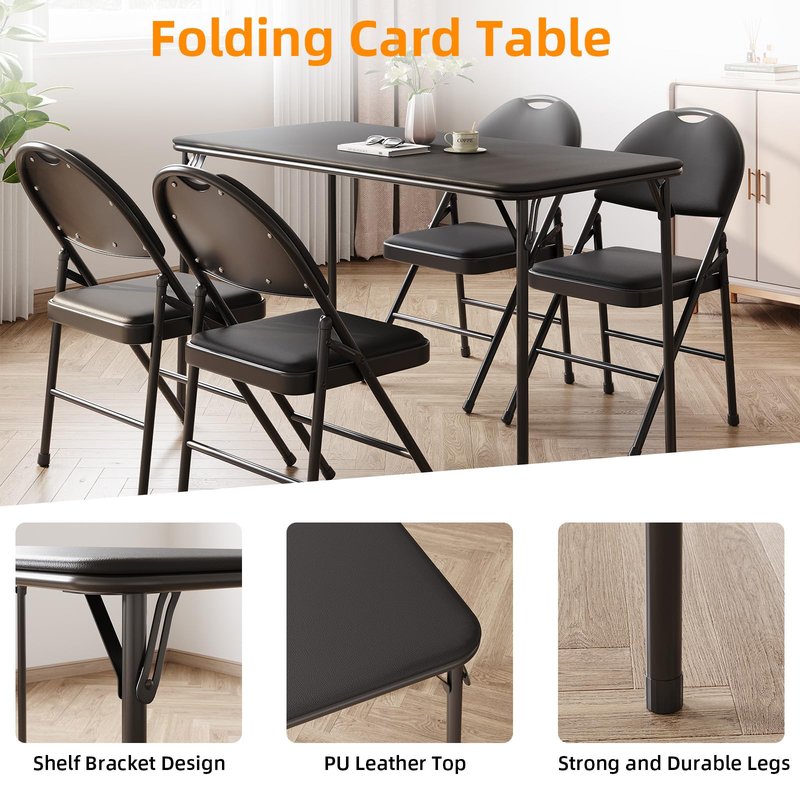 IDEALHOUSE 4 Feet Folding Table, Protable Foldable Card Table, Metal Legs Support, Upholstered PU Leather Tabletop, Heavy Duty, No Assembly Required, Perfet for Indoor and Outdoor, Black