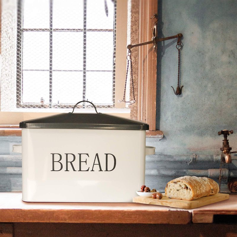 SOTECH Metal Bread Box with Lid for Kitchen Countertop Large Bread Bin kitchen Bread Food Snacks Storage Container Farmhouse BreadBox Grey Lid White Body with Side Handles