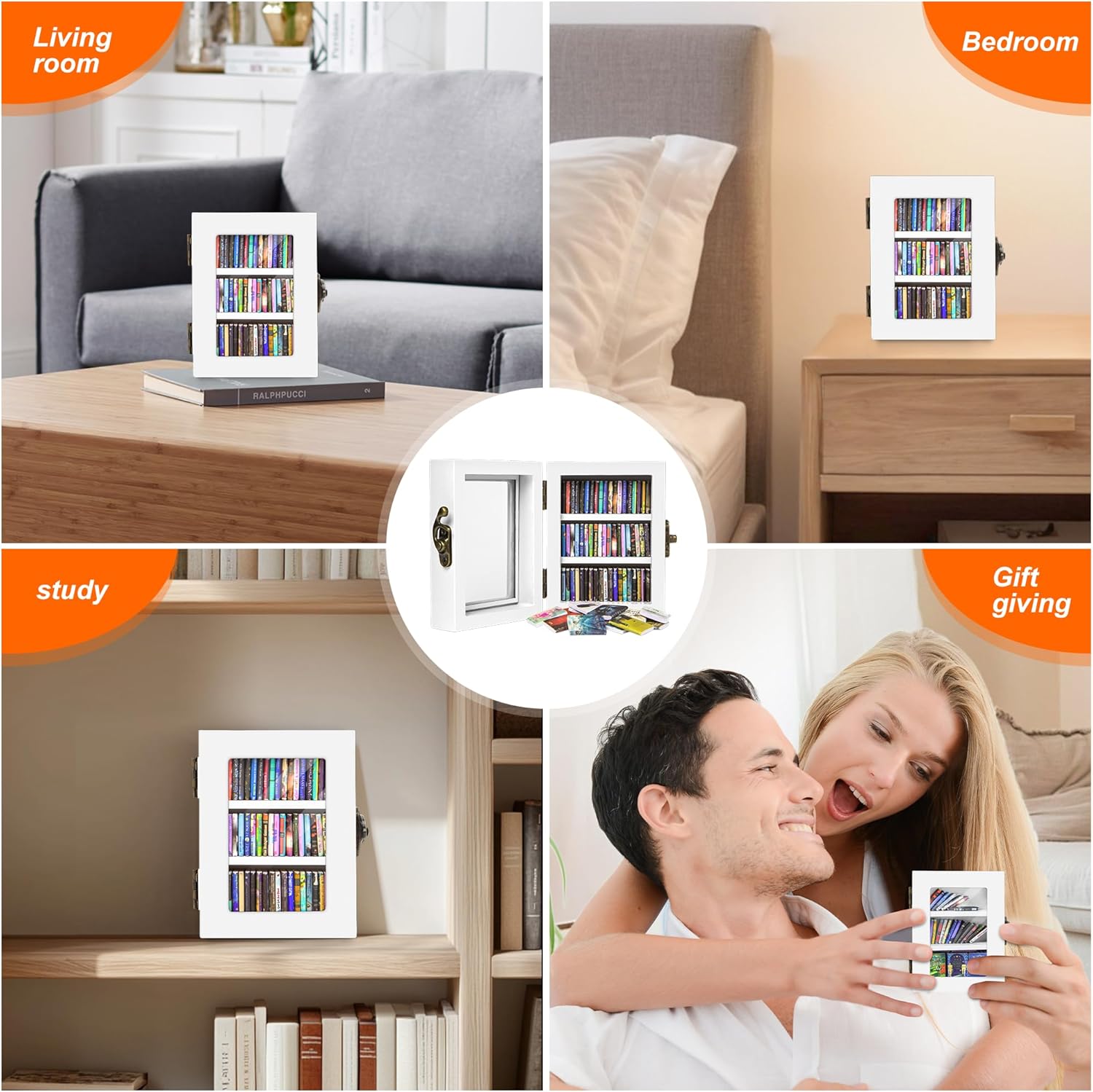 Skiennix Mini Bookshelf | 60PCS Wooden Miniature Book Library for Stress Relief - White Decor Gift