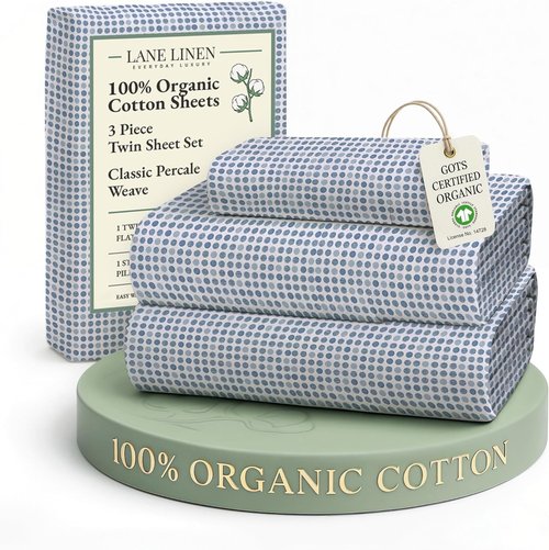 LANE LINEN 100% Organic Cotton Twin Sheets Set - Breathable & Cooling 3-Piece Bedding - Deep Pocket Polka Dot (Blue)
