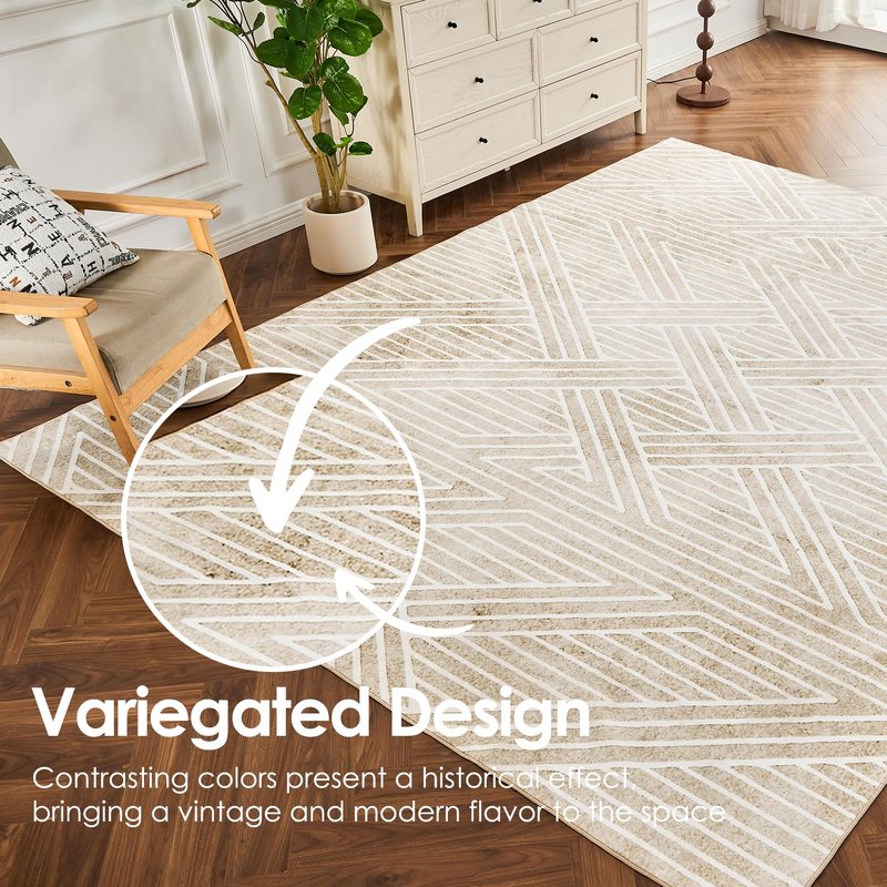 INGEROOM 6x9 Washable Area Rugs, Neutral Beige Geometric Area Rug for Living Room Bedroom, Modern Area Rug, Large Non-Slip Indoor Floor Carpet for High Traffic Areas, Kitchen, Dining Room