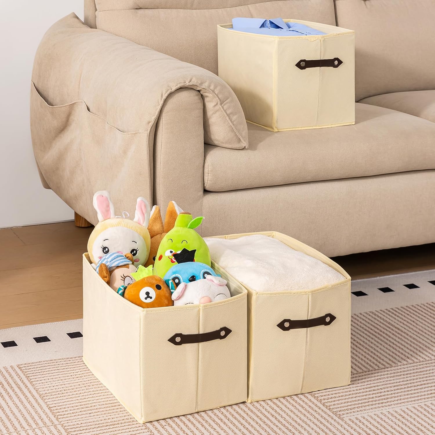 Skiennix Large Collapsible Storage Baskets - Decorative Fabric Closet Organizers | 14.9"x9.5", Creamy White