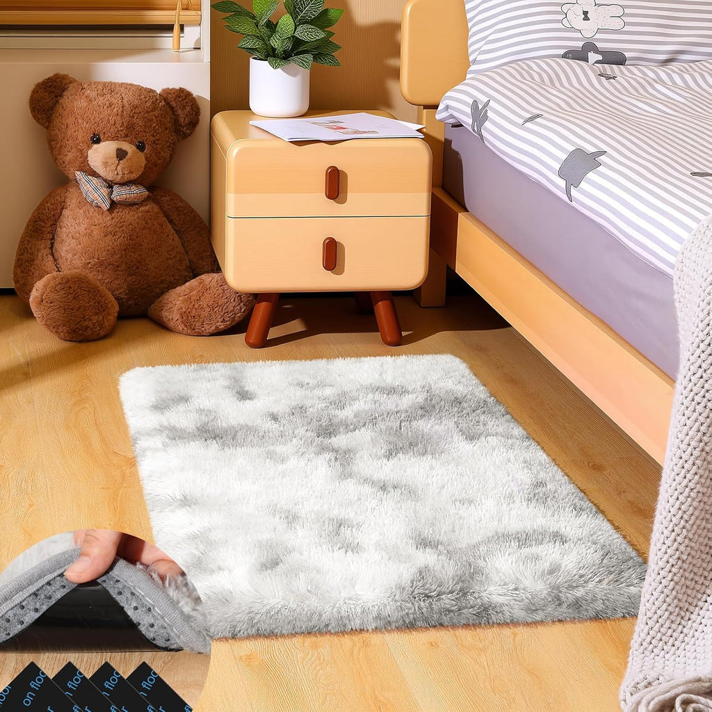Skiennix Tie-Dyed Grey Area Rug - Soft Fluffy Shag Carpet for Kids Room | 2ft x 3ft with Non-Slip Stickers