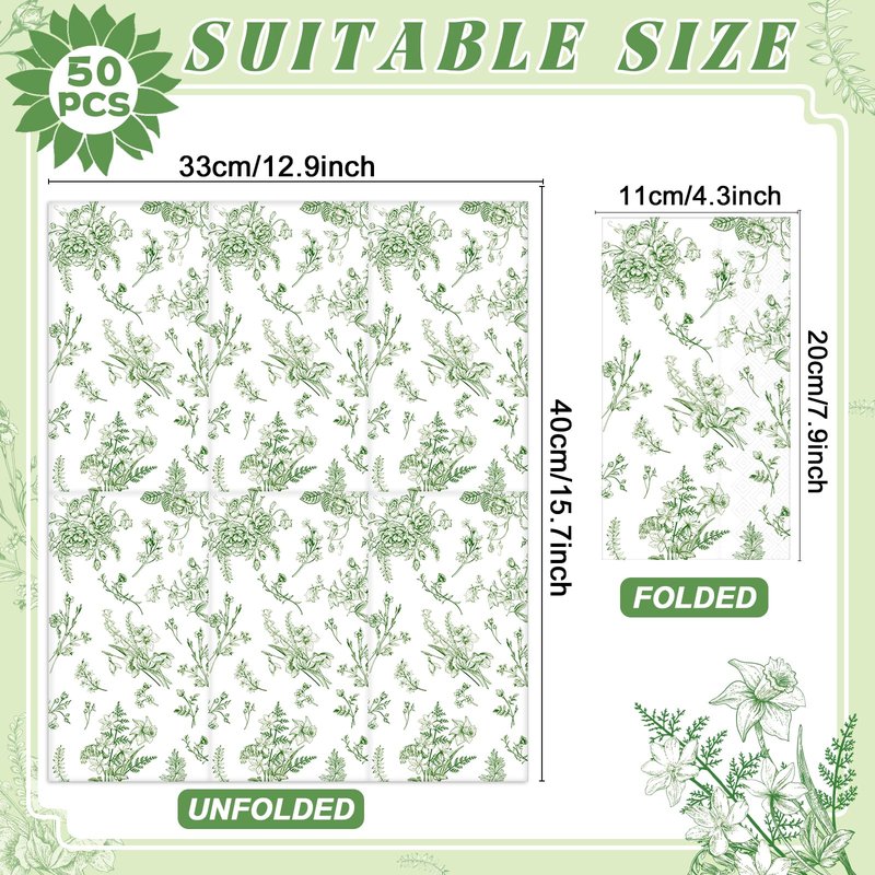 50 Pcs Green Floral Guest Napkins Summer Greenery Flower Chinoiserie Paper Napkins Party Supplie Sage Green Floral Disposable Hand Towel Tissue for Dinner Luncheon Party Birthday Baby Shower Favor
