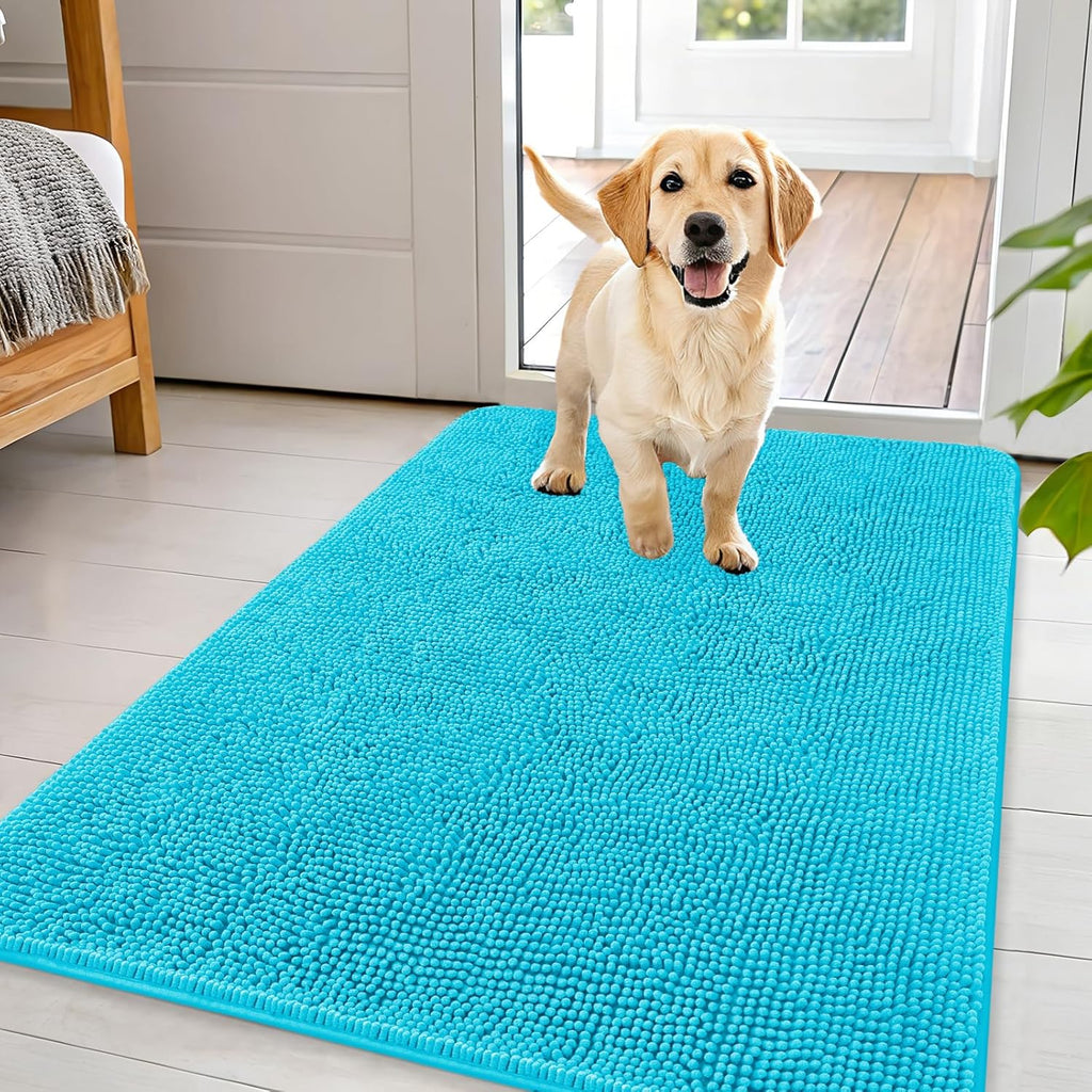 OLANLY Dog Door Mat - Absorbent Non-Slip Chenille Mat for Muddy Paws | 44x32, Aqua Blue, Quick Dry