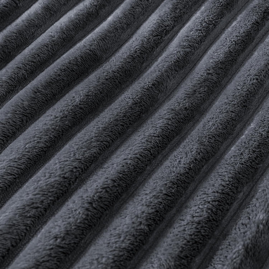 Skiennix Super Soft Queen Blanket - Premium Silky Flannel Fleece, 3D Striped Jacquard Design, 90x90 Inches | Dark Grey