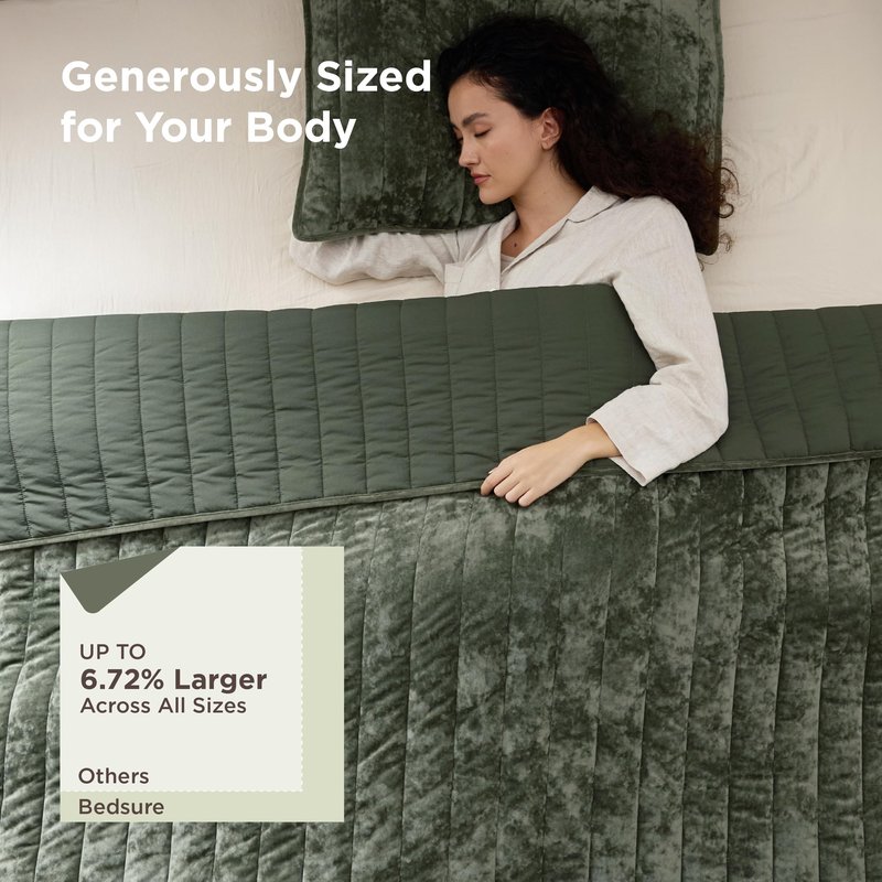 Bedsure Velvet Quilt Queen Size Set - Lightweight Velvet Comforter Queen, Luxury Bedspread Coverlet, Ultra-Soft Bedding Set with 2 Pillow Shams for All Season, 90"x96", Olive Green