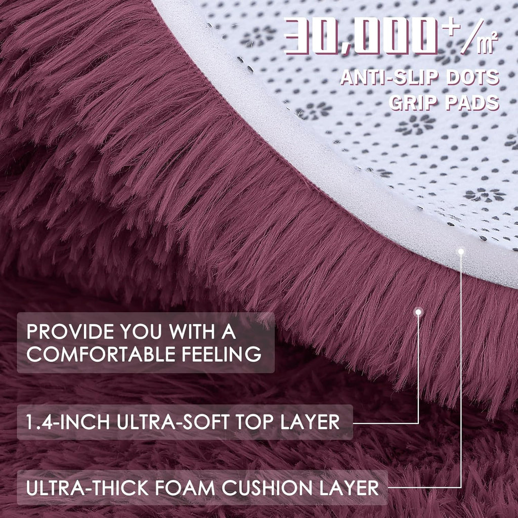 OLANLY Round Burgundy Area Rug - Soft, Machine Washable 5 ft Shaggy Carpet for Bedrooms & Living Rooms