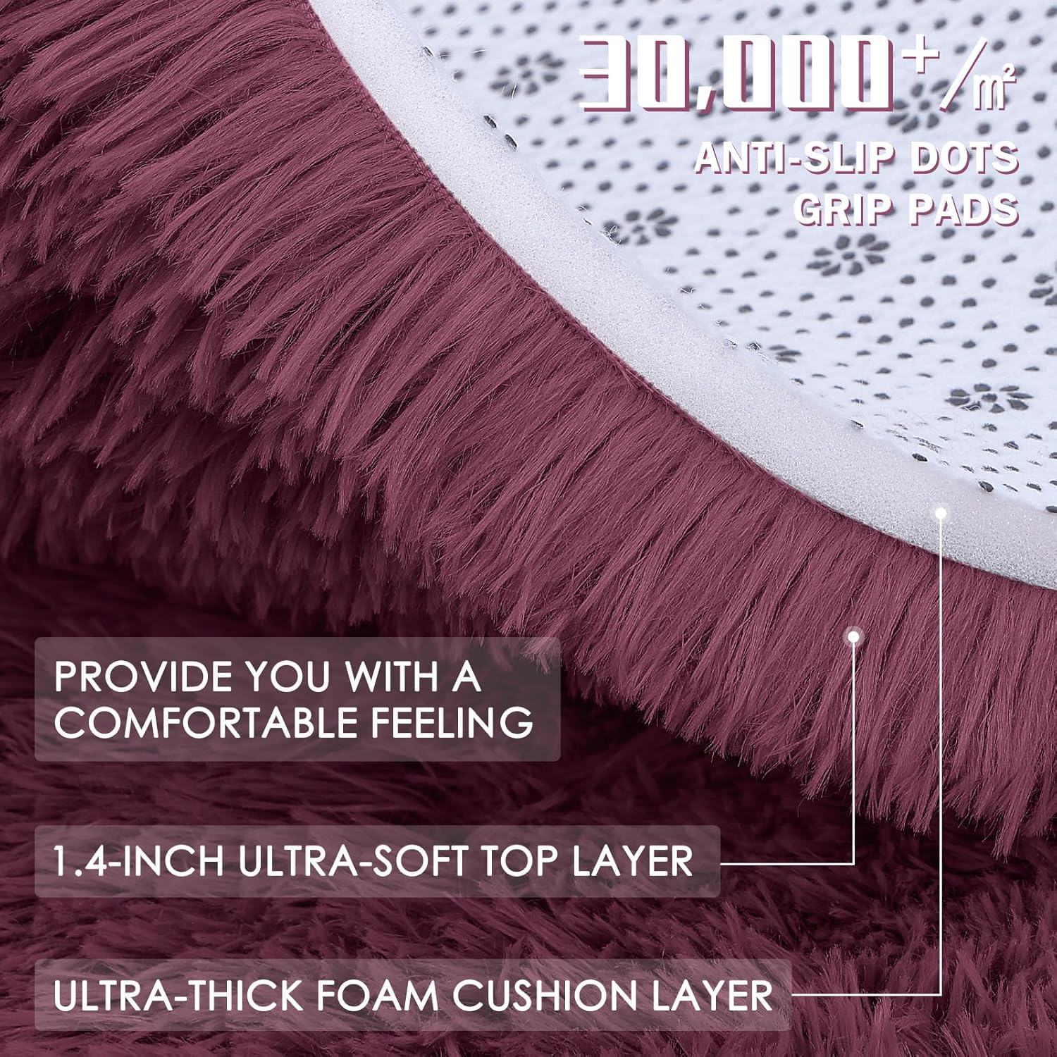 OLANLY Round Burgundy Area Rug - Soft, Fluffy, Machine Washable 3 ft Circle Carpet for Bedroom & Living Room