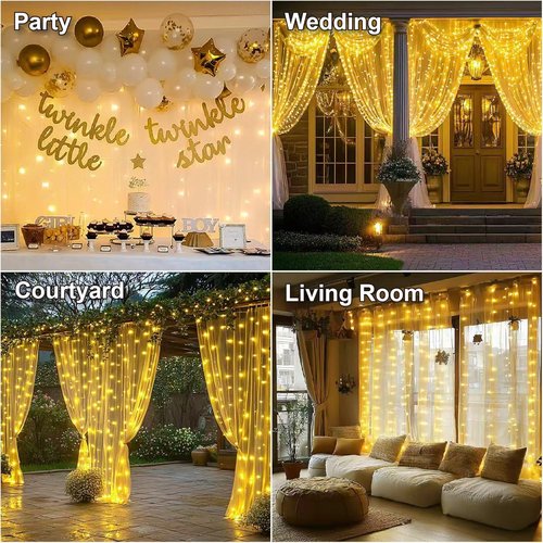 HXWEIYE 300LED Fairy Curtain Lights - 9.8x9.8Ft USB Plug-In with 8 Modes & Remote - Warm White | 2 Pack for Indoor Decor