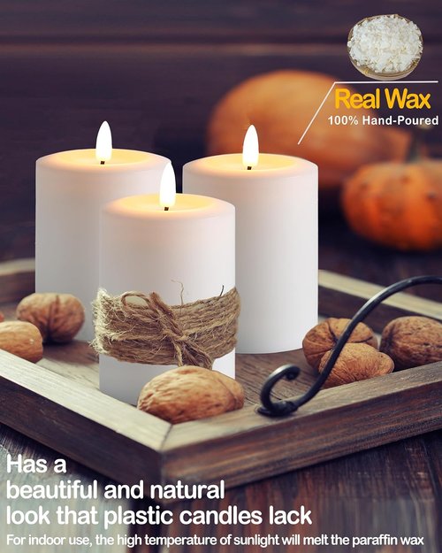 Gmnee Flameless Candles - Flickering LED Pillar Candles with Remote Timer | Set of 3 White Real Wax Decor