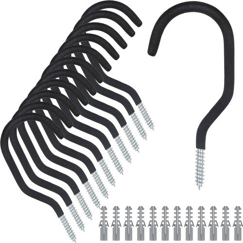 KURUI Heavy Duty Screw-In Hooks - 12 Pack Bike Hooks for Garage Wall Storage | Large Black Plant Hooks