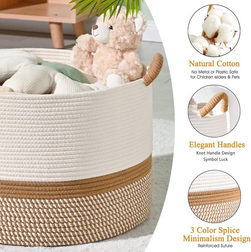 KAKAMAY Large Woven Blanket Basket - Cotton Rope Storage Hamper for Baby Toys & Laundry | White/Brown