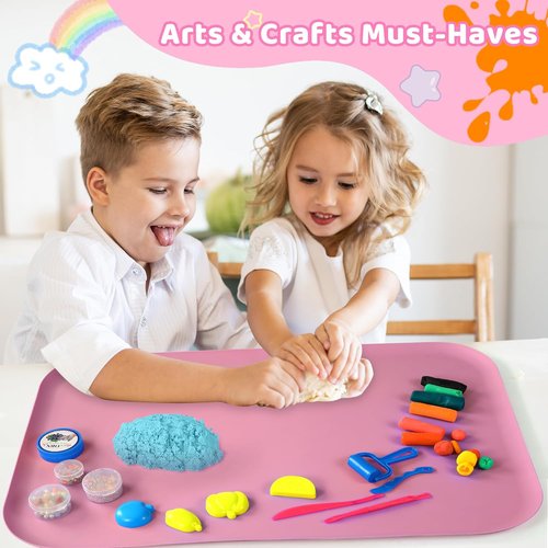 AtMini Silicone Craft Mat for Kids - 24"x16" Non-Slip & Raised Lip | Reusable Art Mat for Sand, Painting, DIY Crafts | Durable Pink Design