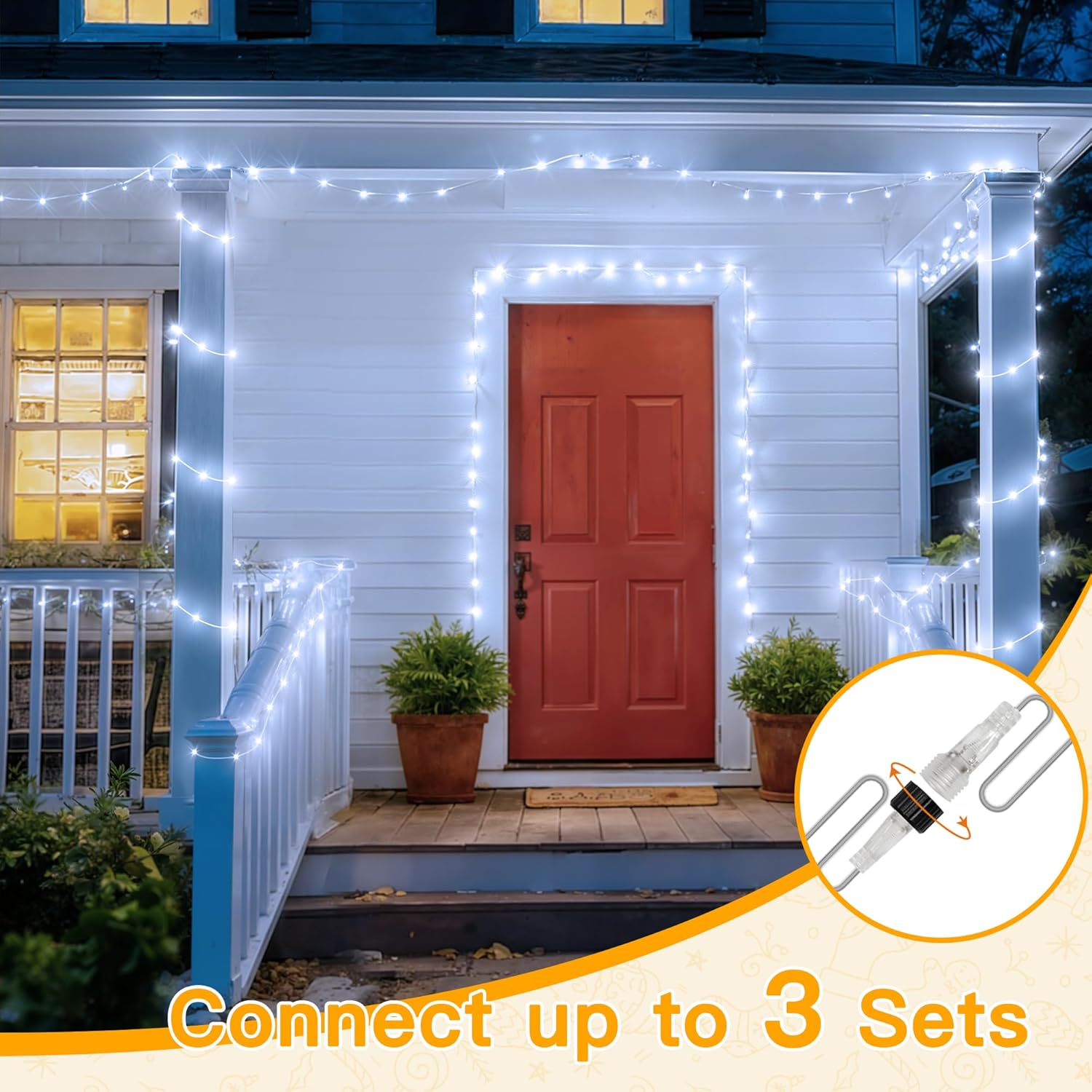 Ollny 200 LED Christmas Lights - 60FT Cool White Connectable String Lights | 8 Modes Waterproof Timer for Indoor & Outdoor Use