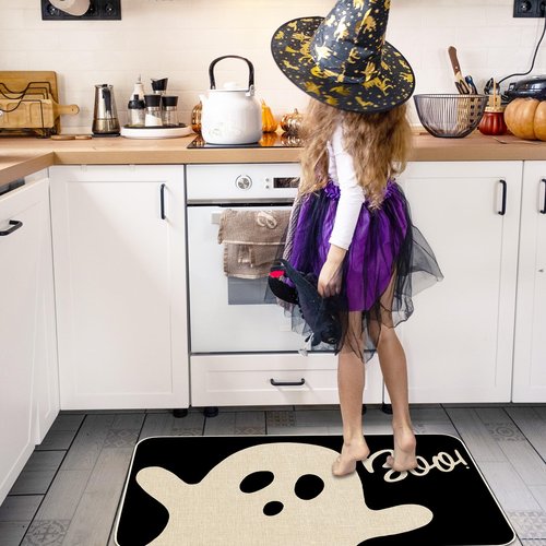 JarThenaAMCS Halloween Ghost Kitchen Mat Set of 2 Black Spooky Ghost Boo Kitchen Floor Mats Cute Non-Slip Door Rugs for Halloween Party Home Bathroom Entrance