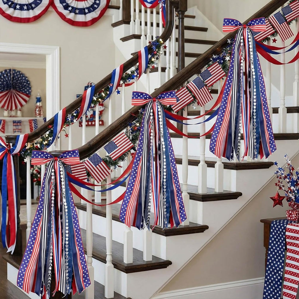 YKW Patriotic Wreath Sash - 27.5" Red, White & Blue Ribbon Bundle with Star Charm | 4th of July Decor