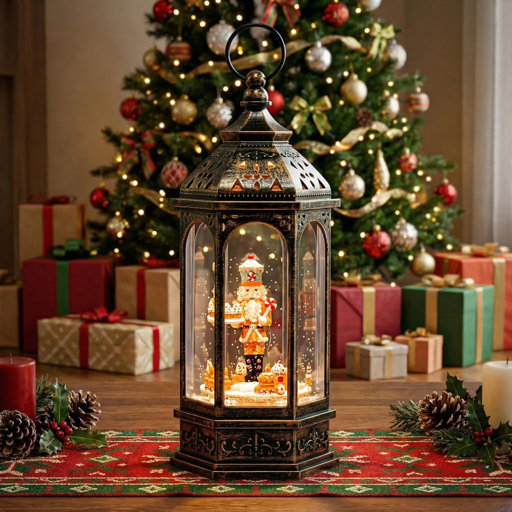 Skiennix Christmas Gingerbread Nutcracker Snow Globe Lantern - Lighted Animated Train with Glitter & Music