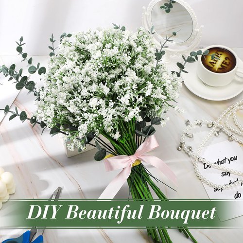 Retrowavy 250 Pcs Babys Breath Artificial Flowers Bulk Babys Breath Flowers Gypsophila Bouquets with Faux Eucalyptus Stems Leaves for Wedding Bouquet Party Filler Home Decor
