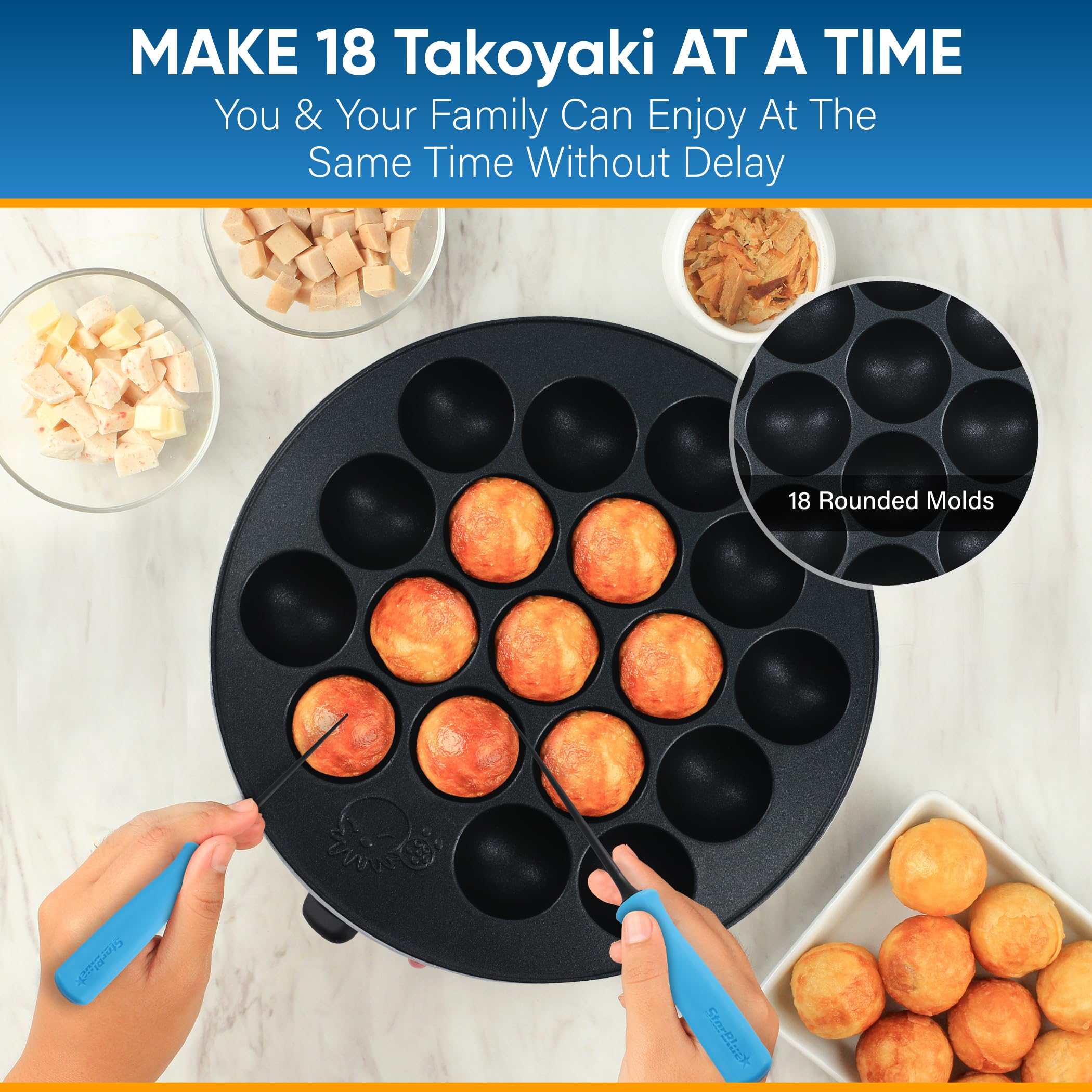 Takoyaki Maker Machine by StarBlue with FREE Takoyaki Picks - Temperature Control 18 Holes Electric Japanese Octopus Balls Pan with Nonstick Surface 120V 60Hz 700W