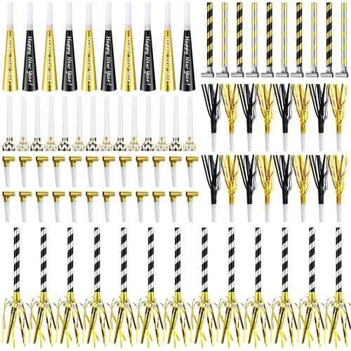 Lenwen 200 Pcs New Years Eve Noisemakers Favor 2026 Happy New Year Gold Silver Blower Horns Whistles Party for Birthday Celebration Sporting Events (Black,Silver,Gold)