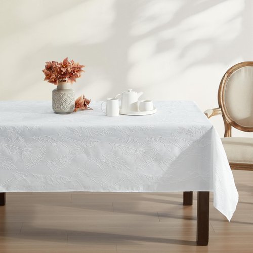 Laura Ashley Tablecloth Raised Woven Embroidered Jacquard Fabric, Wrinkle Resistant for Dining, Holiday, Party, Wedding or Banquet, 60" x 102", Cynthia White