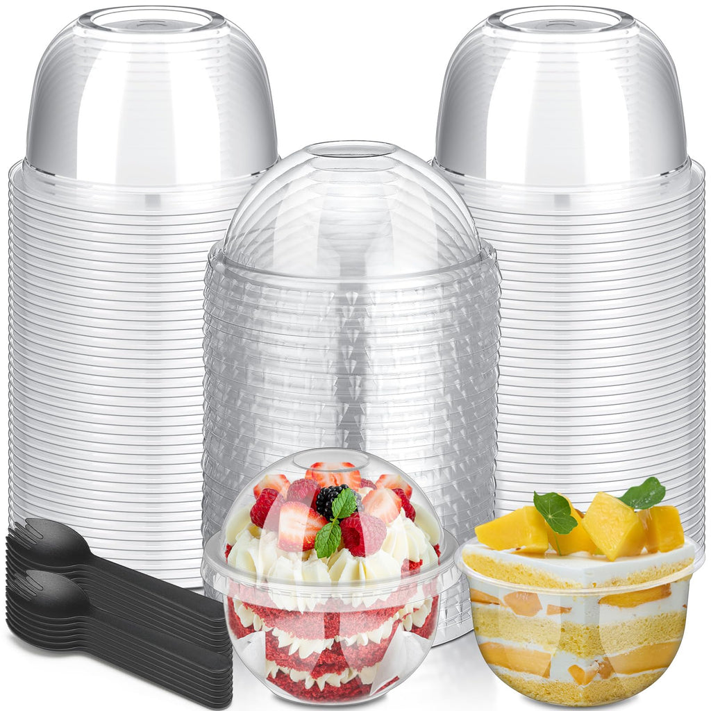 Jingmore 150 Pack 8.45 oz Plastic Cups with Dome Lids and Spoons Business Clear Dessert Cups with No Hole Lids Mini Disposable Parfait for Fruit Ice Cream Pudding Yogurt Trifle Food Store