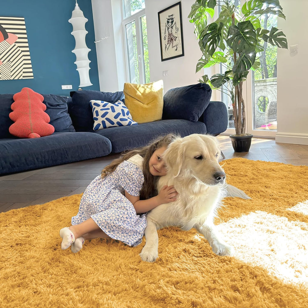 OLANLY 5x7 Large Area Rug - Soft Fluffy Shaggy Indoor Carpet for Living Room & Bedroom | Mustard Yellow