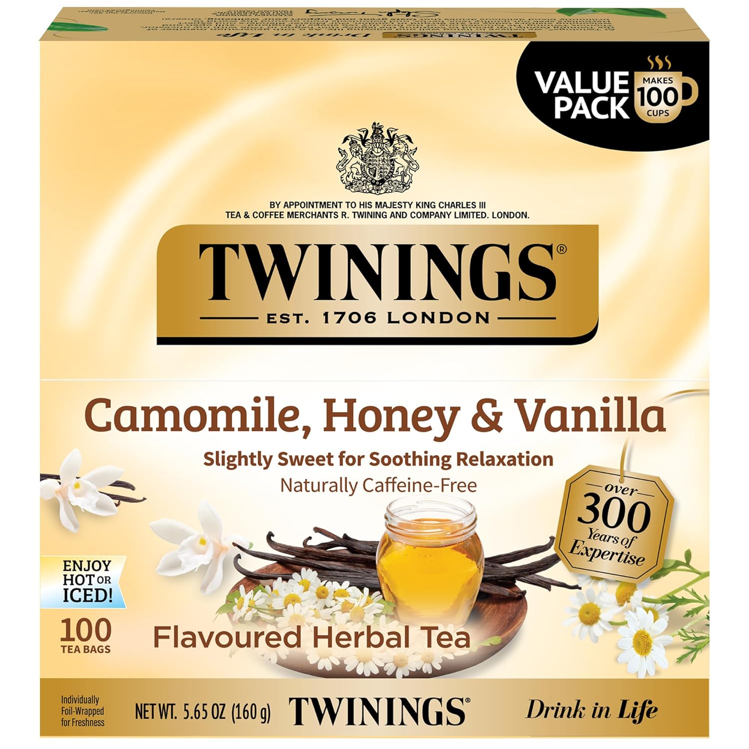 Twinings Camomile Herbal Tea - Honey & Vanilla Flavor, Caffeine-Free, 100 Individually Wrapped Bags