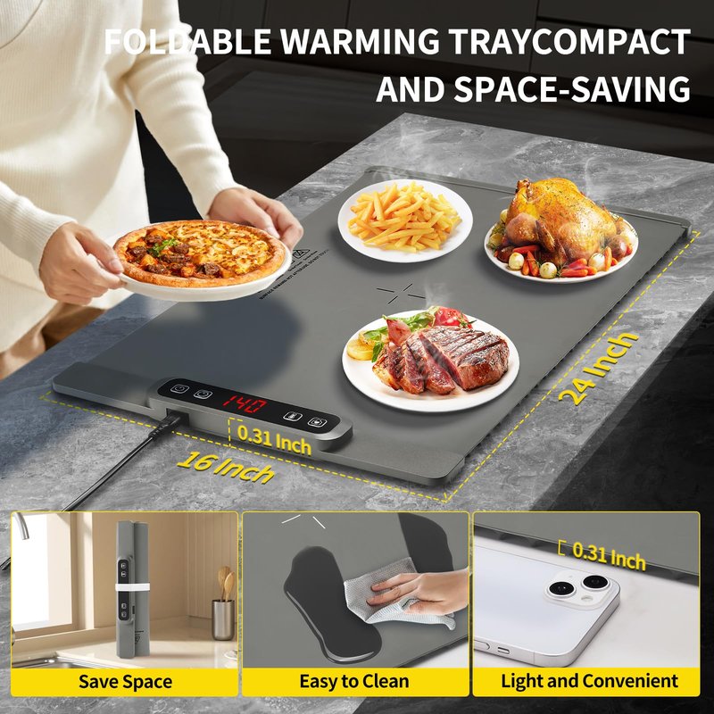 AIBOKEE Food Warming Mat, Silicone Electric Warming Tray, 5 Temperature Levels, 4 Hour Timer, Child Safety Lock, Gray