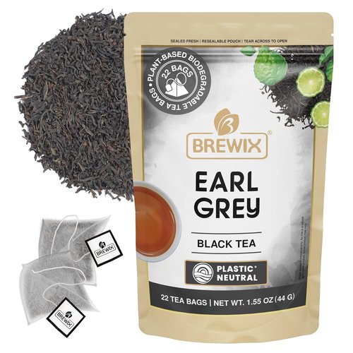 BREWIX Earl Grey Tea Bags - 22 Pyramid Bags of Long Leaf Indian Black Tea with Bergamot | Resealable Ziplock Pouch