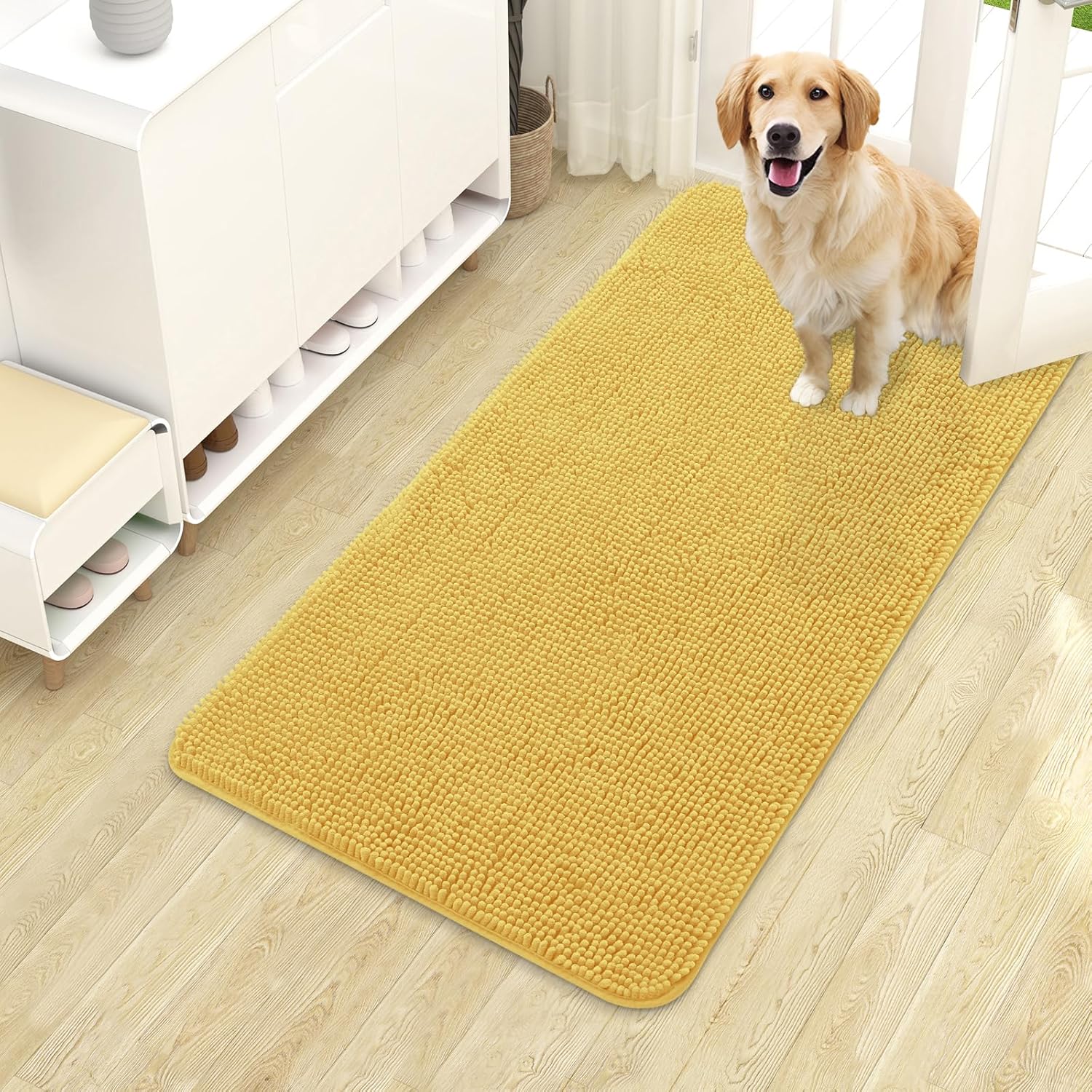OLANLY Dog Door Mat - Absorbent Non-Slip Chenille Mat for Muddy Paws | 40x24 Inches, Quick Dry Yellow