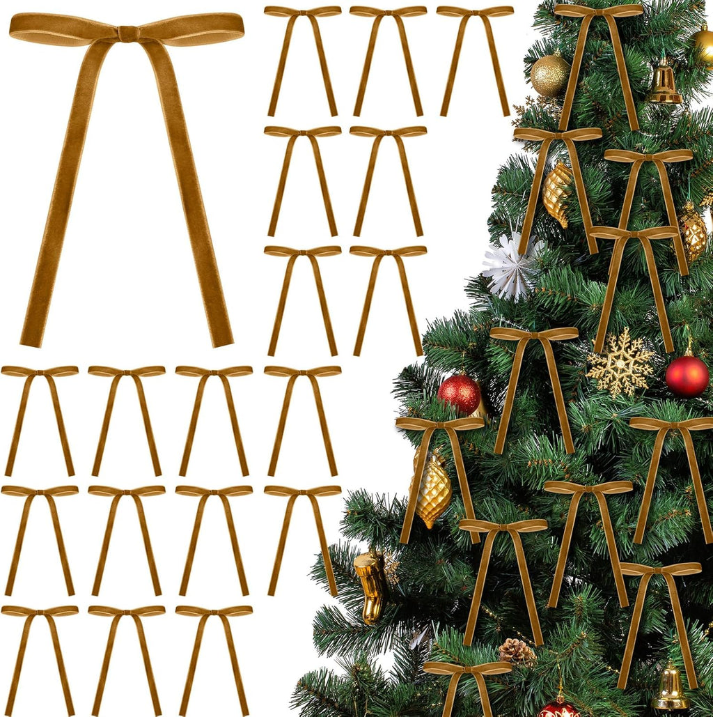 Skiennix Velvet Bows - 24 Pcs Vintage Ribbon Bows for Christmas Tree & Crafts | 5 x 7 Inch, Khaki