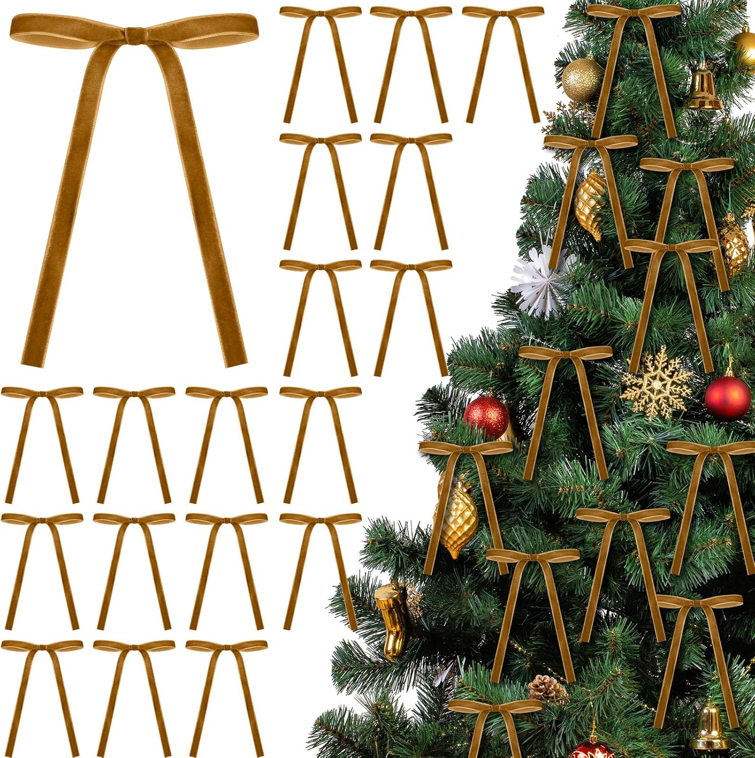Skiennix Velvet Bows - 24 Pcs Vintage Ribbon Bows for Christmas Tree & Crafts | 5 x 7 Inch, Khaki