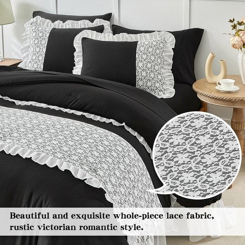 Joyreap Lace Ruffle Bed in a Bag Black, Twin Size 6pcs Chiffon Ruffled Comforter Sheet Set, Princess Style Luxury Microfiber Bedding Comforter Set for All Season