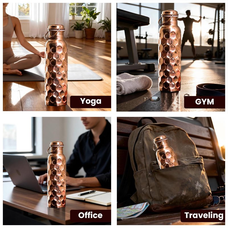 Craft Trade 100% Pure Copper Water Bottle 32 Oz, Ayurveda Copper Bottle for Drinking, Handcrafted Honeycomb Finish with Jute Carry Case, Boosts Immunity & Digestion, Leak-Proof, BPA-Free, 2 Pk
