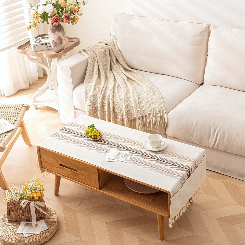SIELUNO Waterproof Coffee Table Cloth, Coffee Table Covers for Living Room Rectangle Cotton Linen Tablecloth with Tassel Decoration-Beige Leaf- 20" x 60"
