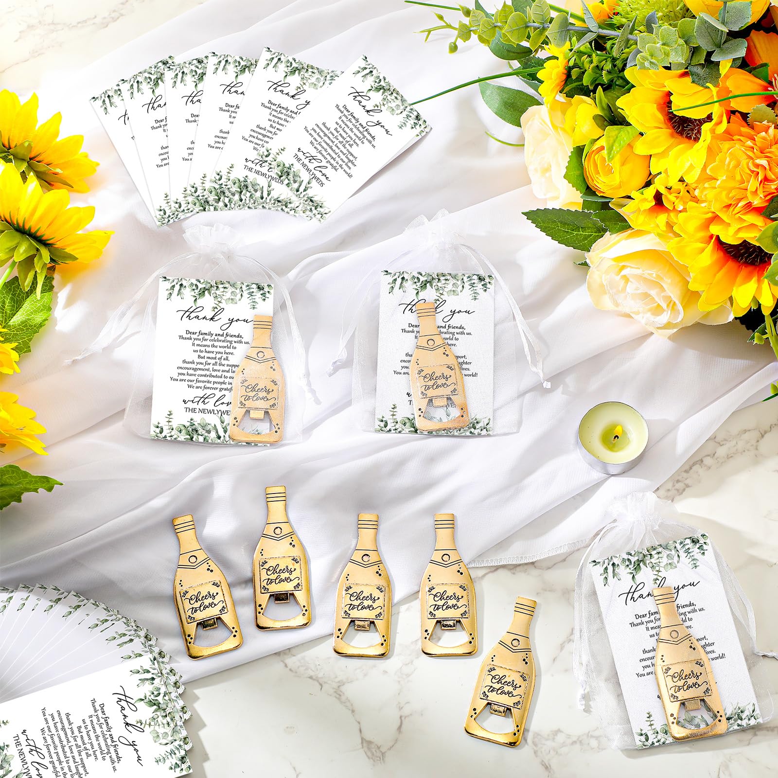 Suclain 25 Sets Wedding Favors for Guests Bulk Wedding Souvenirs Include Cheers to Love Bottle Openers Thank You Cards and Organza Bags Bridal Shower Gifts Decorations