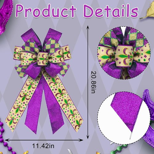 ALIBBON Large Mardi Gras Bows - Flaxen Fleur de Lis & Glitter Purple for Wreaths & Door Decor