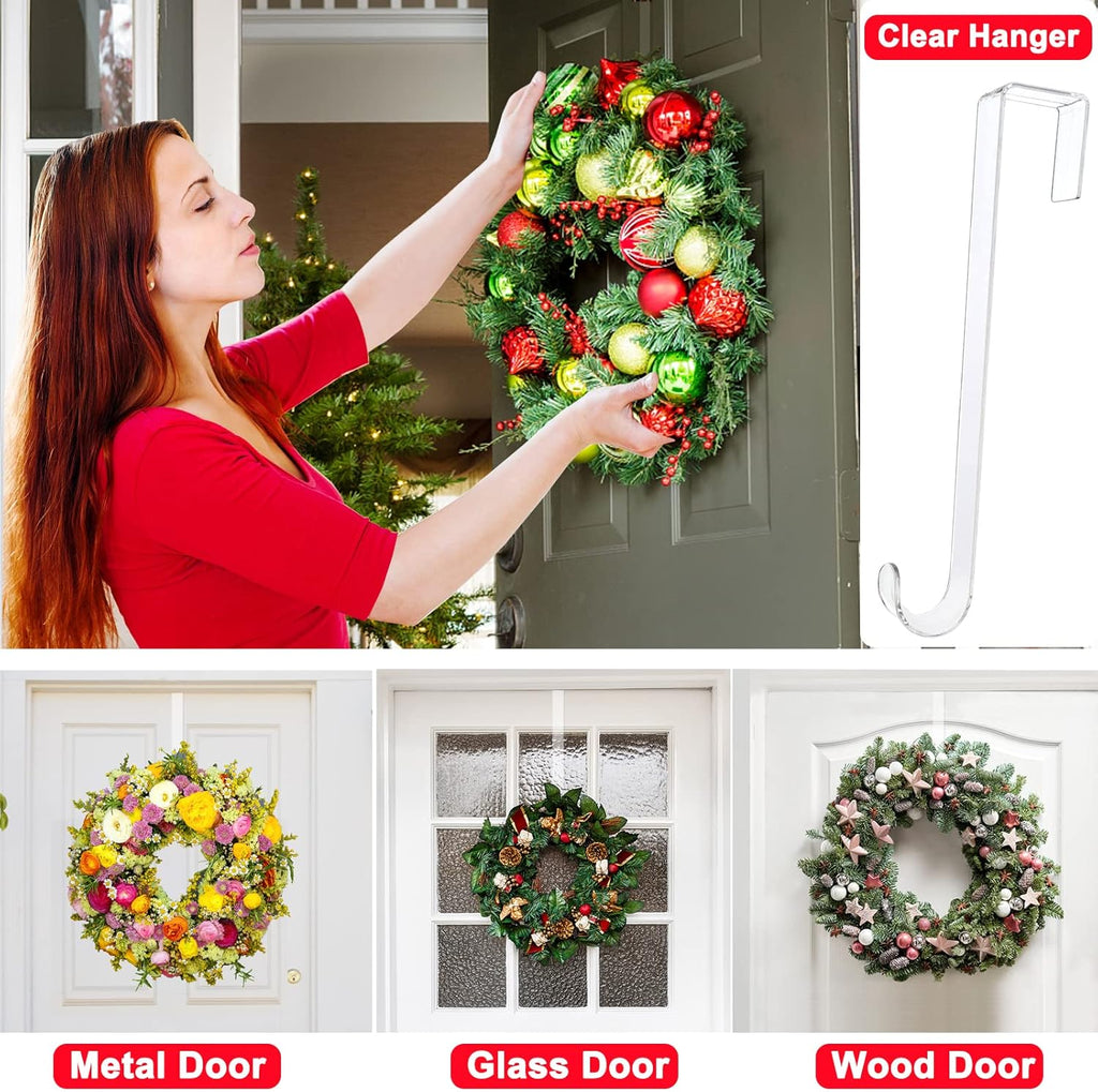 Skiennix Clear Wreath Hanger Hooks - 15 Inch Non-Scratch Over The Door Hooks | 2 Pack for Indoor/Outdoor Decor