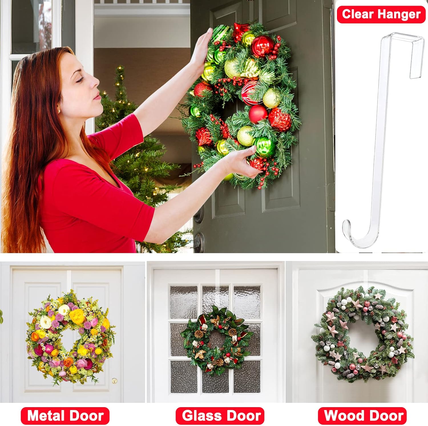 Skiennix Clear Wreath Hanger Hooks - 15 Inch Non-Scratch Over The Door Hooks | 2 Pack for Indoor/Outdoor Decor