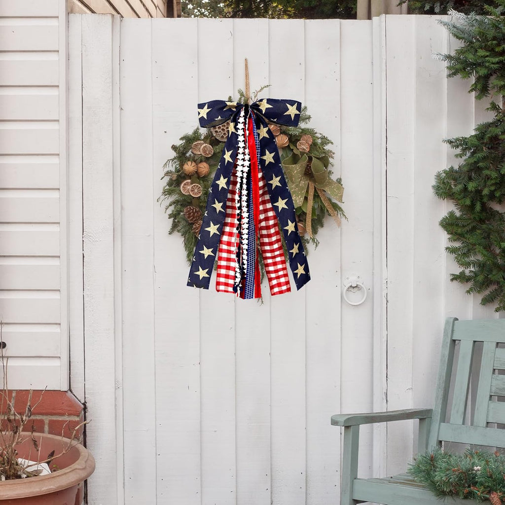 Skiennix Large Patriotic Star Ribbon Bow - Red White Buffalo Plaid Fabric Set for 4th of July Decor