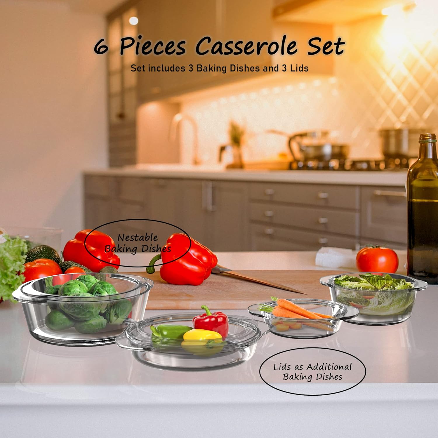 Ums Glass Casserole Set - 6-Piece Borosilicate Bakeware with Lids | Oven & Microwave Safe