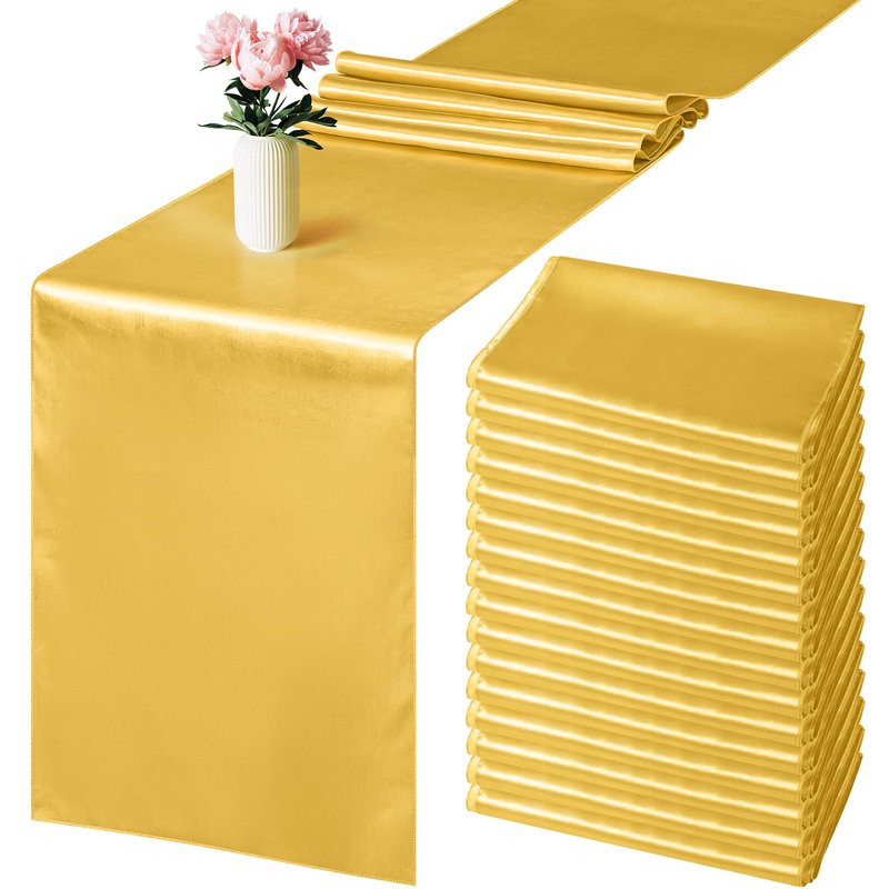 Aneco 16 Pack Satin Table Runner 12 x 108 Inch Gold Long Wedding Satin Silk Table Runner for Wedding Banquet Graduations Birthday Party Decoration