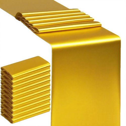 SINSSOWL 10 Pack Gold Table Runners 12 X 108 Inches Wedding Golden Satin Table Runner for Party Birthday Banquet Bridal Shower Christmas Engagement Rectangle Round Tables Overlay Decorations