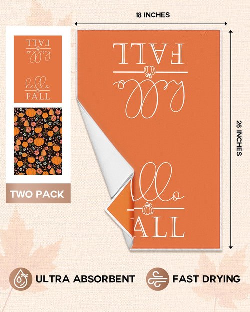 Miss Adola Fall Kitchen Towels Set of 2 - Fall Kitchen Dish Towels 18x26 Inches Microfiber Decorative Autumn Themed Towel for Thanksgiving Harvest, Absorbent Hand Towel with Hanging Loop, Oil Pumpkin